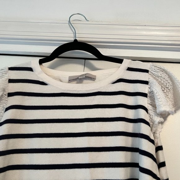 Loft Black & White Striped Short Sleeve Sweater - Crochet Flutter Sleeves - M - Picture 3 of 4